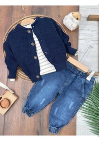 Resim Likralı Kot Pantolon Triko Hırkalı Badi 3'lü Erkek Bebek Takım Lacivert 