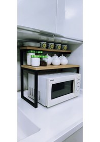 Resim Akik 2 Raflı Metal Çok Amaçlı Mutfak Rafı / Tezgah Üstü Raf Siyah Metal - Atlantik Çam Tabla 