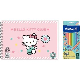 Resim Hello Kitty 17x25 Spiralli Resim Defteri - Pelikan Pastel Renkler 12li Kuru Boya 2'li Set 3 Çok Renkli 