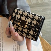 Resim Altın Tonlu Çıtçıtlı Kadın Houndstooth Cüzdan - Kompakt Çift Katlı Tasarım, Çoklu Kart Yuvaları & Kimlik Tutucu, Günlük Kullanım İçin Şık Siyah & Beyaz Kartlık, Dokulu Bitişli 