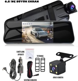 Resim whitetech 6,8 İnç Büyük Ekran Dikiz Aynası Monitör Araç Kamerası Ön Arka - Çift Kameralı, Full Hd 1080p 