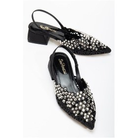 Resim Kadın Kısa Topuklu Abiye Ayakkabı Siyah Örme Taşlı Sivri Kalıp-4087 Siyah 