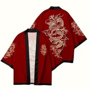 Resim Şık Kırmızı Ejderha Temalı Kimono Kardigan - Hafif Polyester, Altın & Beyaz Nakışlı Günlük Yaz Stili, Kolay Bakım, Kemer Gerekmez, Çin Boyutu, Lütfen Boyut Rehberini Dikkatlice Kontrol Edin 