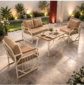 Resim Violet Krem 2+1+1 Masalı Kahve Bahçe Oturma Grubu Minderli Metal Ahşap Detaylı Balkon Teras Takımı Bej 