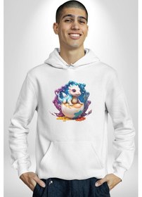 Resim Sevimli Bebek Ejderha Elmas Yumurta Kadın Erkek Beyaz Kapüşonlu Sweatshirt Hoodie Beyaz 