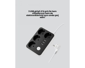 Resim Pileli Store 3 USB Çıkışlı 4’lü Akıllı Priz 2500W 2 Metre Kablo 