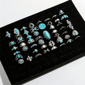 Resim 36 adet Bohem Tarzı Kadın Takı Seti - Turkuaz ve İnci Detaylı Vintage Esinlenmiş Alaşım Halkalar, 15mm-19mm Boyutlar, Günlük Kullanım ve Hediyeler İçin Mükemmel, Günlük Takı | Bohem Tarzı Halkalar | Dayanıklı Takı 
