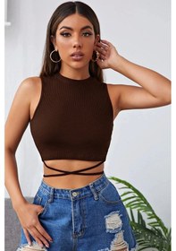 Resim İmoda Kadın Kahverengi Çapraz Bağlamalı Crop Top Büstiyer Çok Renkli 