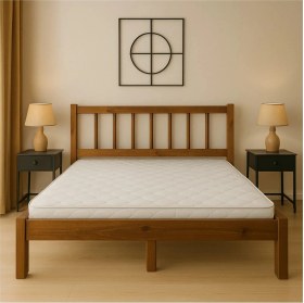Resim Pinoxi 150CM x 190CM Masif Ahşap 2 Kişilik Yuvarlak Çıtalı Başlıklı Karyola Ceviz Rengi 