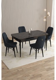 Resim Mazaka Serisi 80x132 Açılabilir Mdf Siyah Mermer Desen Masa Takımı 4 Krem Sandalye Antrasit 