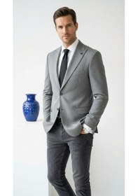 Resim Plus Scorpion Erkek Blazer Ceket Twill Puntolu Kırlangıç Yaka 2 Düğmeli Çift Yırtmaçlı Slim Fit Açık Gri 