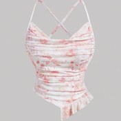 Resim Kadınlar için Çiçek Desenli Çapraz Askılı Tank Üstü - Asimetrik Etek, Pile Detay, Hafif Polyester, Bahar/Yaz/Sonbahar için Mükemmel, Bahar Modası Üstü | Düğme Detayı | Asimetrik Tasarım 
