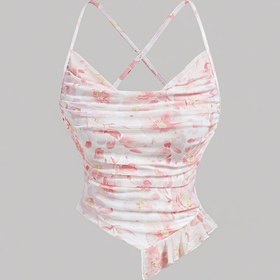 Resim Kadınlar için Çiçek Desenli Çapraz Askılı Tank Üstü - Asimetrik Etek, Pile Detay, Hafif Polyester, Bahar/Yaz/Sonbahar için Mükemmel, Bahar Modası Üstü | Düğme Detayı | Asimetrik Tasarım 
