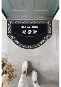 Resim Yarım Ay Modeli Hoş Geldiniz Yazlı Çiçek Desenli Kapı Önü Paspası Siyah 