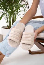 Resim Moda Devrin Bej Önü Açık Sessiz Taban Kadın Terlik Ev Terliği 