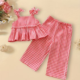 Resim Kızlar için Yaz Sevimli Kurdele Süsü Kolsuz Ekose Üst ve Elastik Bel Geniş Bacaklı Ekose Pantolon Takımı - Gençler için Rahat 2 Parça Kıyafet, Kırmızı ve Beyaz Çizgi Desen, Oyun Zamanı için Mükemmel, Rahat Giyim|Oyun Sever Tasarım|Çizgi Desen Kumaş, Dış Mekanlar için 