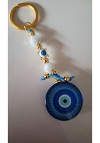 Resim Hediyelik Nazar Boncuklu Bayaz Kristal Boncuklu Mavi Anahtarlık - Çanta Süsü - Çanta Charmı 11,5cm 