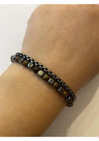 Resim Erkek Zincir Ve Kahverengi Boncuk Detay Çelik Bileklik Antrasit 