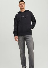 Resim Jack & Jones Kabartma Baskılı Kapüşonlu Sweatshirt - Star 12233972 Black Koyu Siyah 