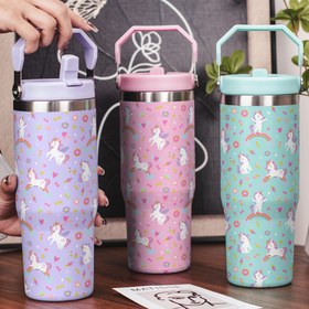 Resim 1 adet CWIKU 30oz Paslanmaz Çelik Tumbler Sevimli Gökkuşağı & Tatlı Tasarımlı, Çift Duvar Vakum Yalıtımlı Seyahat Bardak, Sızdırmaz Kapak & Taşıma Sapı ile Açık Hava Kampçılık için, Noel Şükran Günü Anneler Günü Babalar Günü için Yeniden Kullanılabilir Hediye, Pastel İçecek Kabı, Sadece Elde Yıkama 