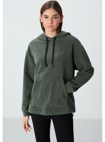Resim Tommy Life Haki Kalın Yumuşak Dokulu Kapüşonlu Oversize Nakışlı Polar Kadın Sweatshirt - 97292 Haki 