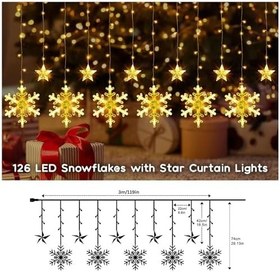 Resim Kar Tanesi Saçak LED Perde Işık, 3 Farklı Işık Modu, 3 Metre Uzunluğunda, 126 LED’li Sarı Işık, 6 Adet Kar Tanesi 6 Adet Yıldız, Su Geçirmez, Dekorasyon Noel Yılbaşı İçin Saçak LED Yılbaşı Perde Işık 