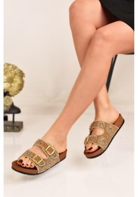 Resim Kadın Anatomik Çift Tokalı Terlik Altın 
