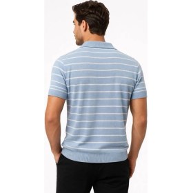 Resim Beruflic Erkek Triko Polo Yaka Fermuarlı Çizgili Tişört T-Shirt Yazlık Şık - Bebek Mavisi 