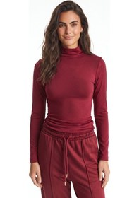 Resim Onloox Kadın Bordo Bordo Viskon Dokuma Yarım Balıkçı Yaka Slim Fit Uzun Kollu Esnek Basic Bluz 