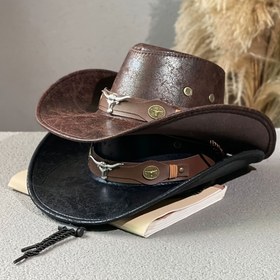 Resim Boğa Başlı Tokalı ve Metal Çivili Batı Kovboy Şapkası - Geniş Kenarlı Hafif Unisex Erkek & Kadın Şapka, İlkbahar Yaz Sonbahar Açık Hava Festivalleri (Cadılar Bayramı, Sevgililer Günü, Babalar Günü) - Elde Yıkanabilir 