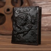 Resim Vintage Ejderha Kabartmalı Hakiki Deri Erkek Cüzdanı - Üst Kalite İnek Derisi, Polyester Astarlı Dikey Katlama Tasarımı, Kahve Kahverengi 