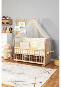 Resim Ahşap Beşik Anne Yanı Beşik Organik Boyasız 60x120-sarı Yıldız Tek Yastık Uyku Seti + Yatak Ahşap 