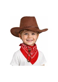 Resim Çocuk Kovboy Şapka Kahverengi Kırmızı Bandana Seti Tdrtr 