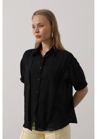 Resim Atkı Detaylı Yarım Kol Gömlek - Siyah Siyah 