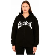 Resim Kadın Kapüşonlu 3 İplik Şardonlu Önü Baskılı Fermuarlı Oversize Sweatshirt - Siyah Çok Renkli 