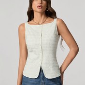 Resim Kadınların şık kolsuz düğmeli gömlekleri - İlkbahar/Yaz/Sonbahar için dokulu düz renkli ofis yeleği, yüksek yaka, makinede yıkanabilir, polyester kumaş, bayan bluzları 