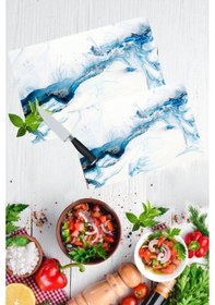 Resim 2'Li Takım Mavi Deniz Desen Görünümlü Takım Cam Kesme Tahtası - C 