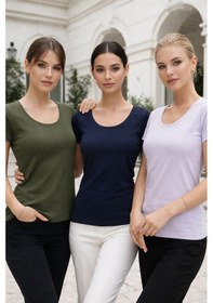 Resim Kadın Haki - Lacivert - Lila 3'lü Paket %100 Pamuk Kısa Kollu Tişört Haki-lacivert-lila 