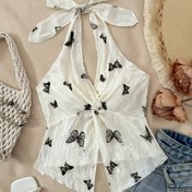 Resim Kadınlar için Y2K Punk Tarzı Omuzsuz Halter Boyun Tank Top - Ayarlanabilir Fiyonk Bel, Büküm Detayı & Arka Kesikli Distressed Bej Kelebek Baskılı - Bahar Yaz Sonbahar Günlük Tatil Kıyafetleri İçin Hafif Esnek Kumaş, Sevimli Tank Üstler, Dantel Gibi Malzeme 