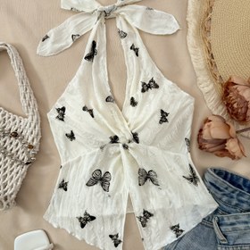 Resim Kadınlar için Y2K Punk Tarzı Omuzsuz Halter Boyun Tank Top - Ayarlanabilir Fiyonk Bel, Büküm Detayı & Arka Kesikli Distressed Bej Kelebek Baskılı - Bahar Yaz Sonbahar Günlük Tatil Kıyafetleri İçin Hafif Esnek Kumaş, Sevimli Tank Üstler, Dantel Gibi Malzeme 