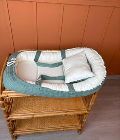 Resim İndirimli Ürün - Babynest Yatak ve Yastık - Koyu Yeşil Örgü - Krem Muslin 