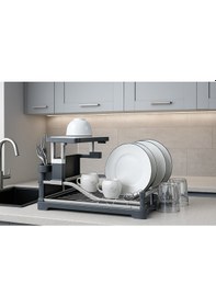 Resim Elips Alüminyum Bulaşıklık Paslanmaz 2 Katlı Bardak Tabak Kurutma Sepeti Siyah 