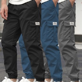 Resim Erkekler için Ağır Hizmet Kargo Pantolonu %100 Polyester Gevşek Kesim Çoklu Kullanışlı Cepli ve İp Bel - Her Mevsim İçin Günlük Dış Mekan İş Giysisi (Gri/Lacivert/Siyah), Dayanıklı Pantolonlar, Düz Renk Tasarım 