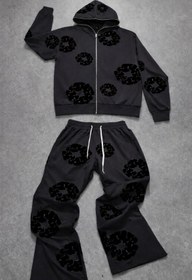 Resim classy moda Unisex Desenli Eşofman Takımı - Fermuarlı Kapüşonlu Üst ve Rahat Kesim Alt Streetwear Kombin 