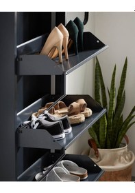 Resim Kilitli Dörtlü 4'lü Metal Ayakkabılık Siyah Yedek Anahtarlı Siyah 