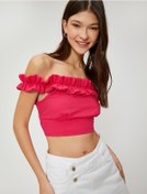 Resim Koton Madonna Yaka Bluz Crop Fırfırlı Dokulu Viskon Karışımlı Fuşya 3sal60051ıw 3SAL60051IW332 Fuşya 