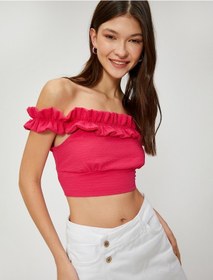 Resim Koton Madonna Yaka Bluz Crop Fırfırlı Dokulu Viskon Karışımlı Fuşya 3sal60051ıw 3SAL60051IW332 Fuşya 