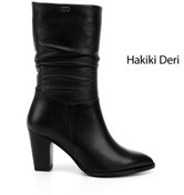 Resim GÖNDERİ(R) Kadın / Kız Siyah Sivri Burun Körüklü Kalın Topuklu Hakiki Deri Çizme 