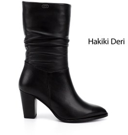 Resim GÖNDERİ(R) Kadın / Kız Siyah Sivri Burun Körüklü Kalın Topuklu Hakiki Deri Çizme 