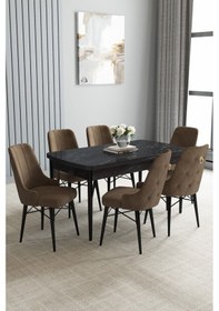 Resim Jusie Siyah Mermer Desen 80x132 Açılabilir Yemek Odası Takımı 6 Adet Sandalye Kahverengi 